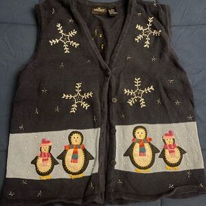 Christmas Sweater! Penguin Embroidered Vest with Snowflakes
